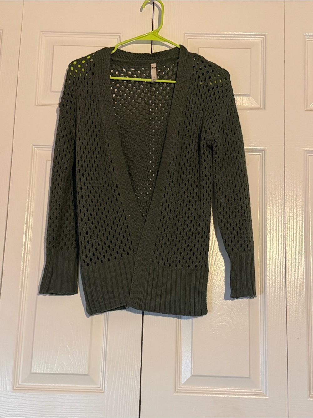 SO Olive Green Open-Knit V-Neck Cardigan